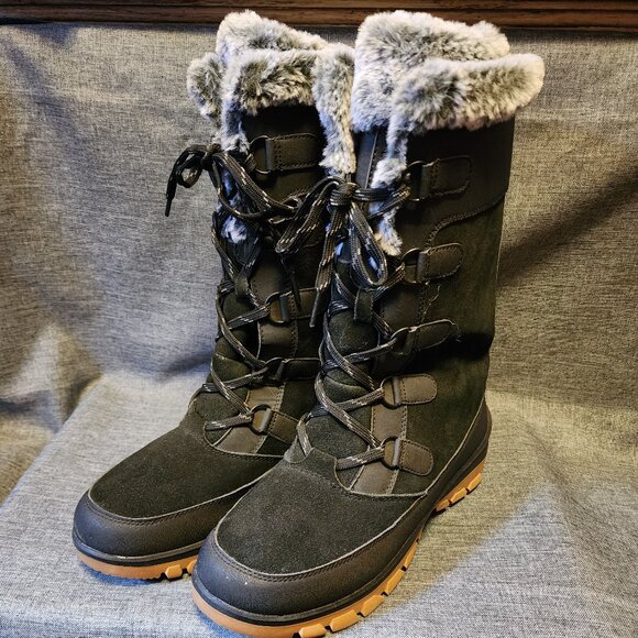 Women's Size 10 All In Motion Black Leather Faux Fur Lace Up 12" Tall Boots - Picture 1 of 13